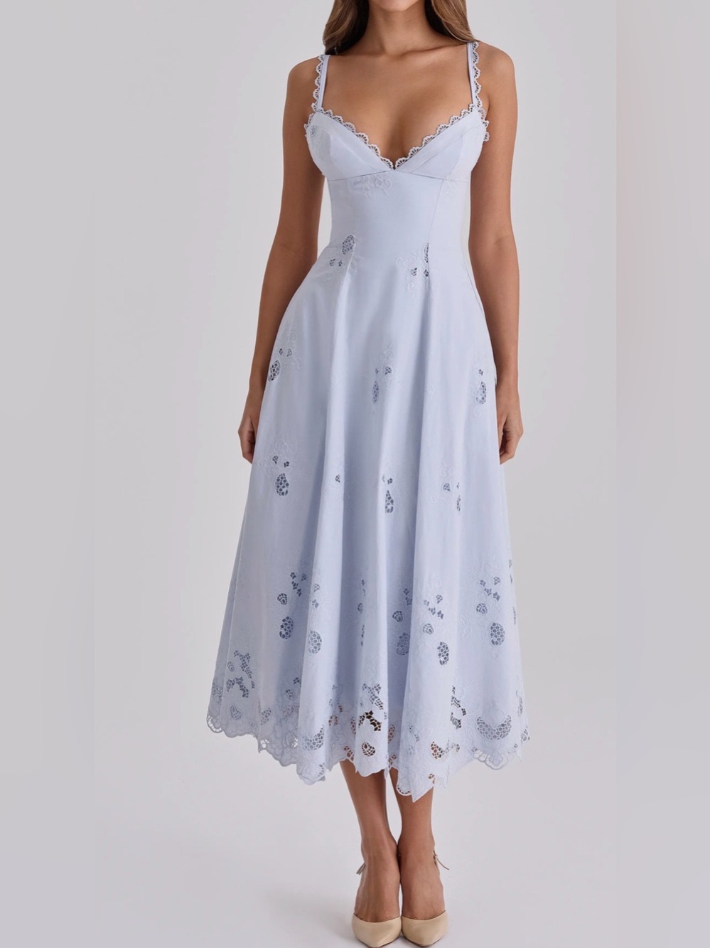 House of CB Tatiana Bluebell Lace + Cotton Broderie Anglais Midi Sundress